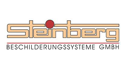 Logo der Steinberg Beschilderungssysteme GmbH mit stilisiertem Schriftzug und rotem Punkt.