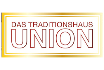 Logo "Das Traditionshaus Union" mit rotem Text und goldener Umrahmung.