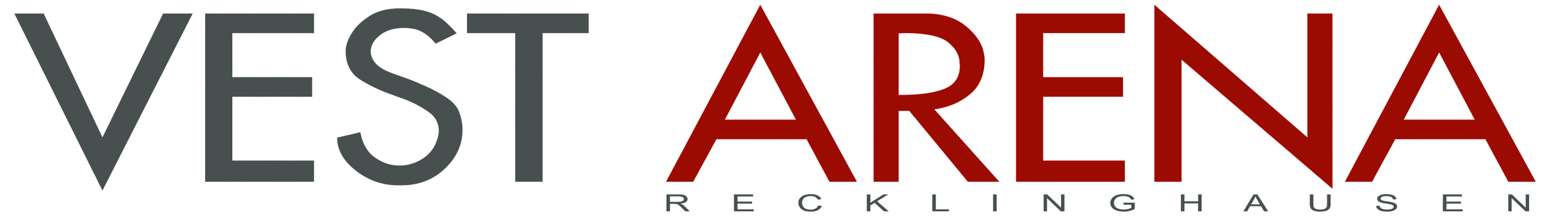 Logo der Vest Arena Recklinghausen mit grauem und rotem Schriftzug auf weißem Hintergrund.