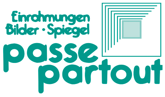 Logo "Passe Partout" mit Text "Einrahmungen, Bilder, Spiegel" und grafischem Rahmenmotiv.