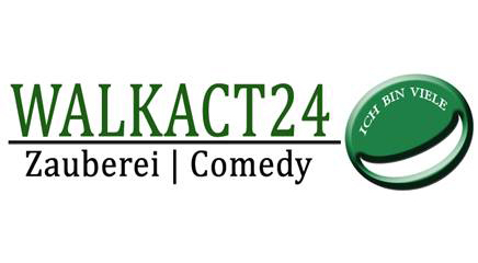 Logo von Walkact24: Grüner Text, Slogan "Zauberei | Comedy", grünes Oval mit "Ich bin viele".