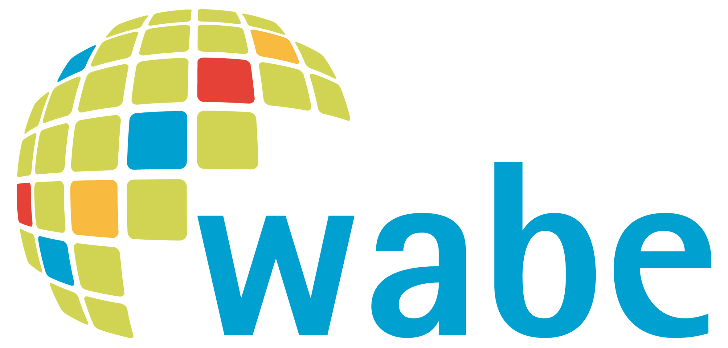 Logo mit buntem, mosaikartigem Globus und blauem Schriftzug "wabe".