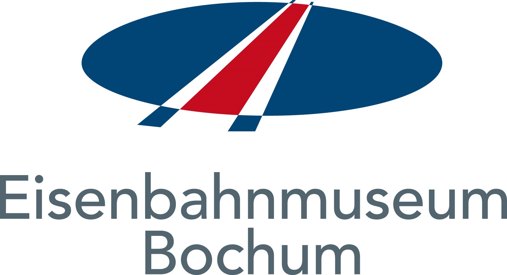 Logo des Eisenbahnmuseums Bochum mit stilisiertem Gleis in Blau, Rot und Weiß.
