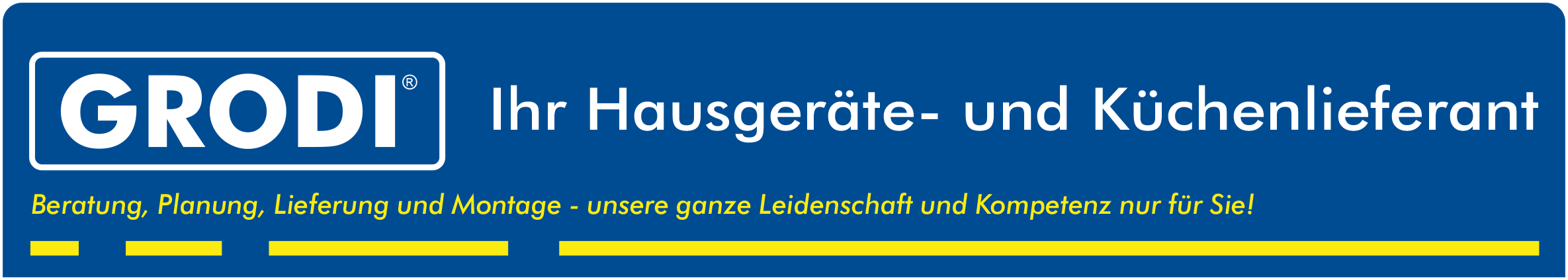 Logo von GRODI, Hausgeräte- und Küchenlieferant, mit Slogan auf blauem Hintergrund.