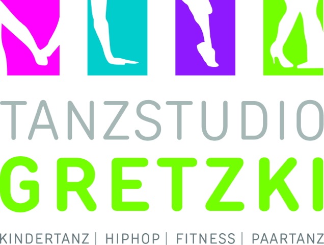 Logo des Tanzstudios Gretzki mit bunten Tanzsilhouetten und Angeboten wie Kindertanz.