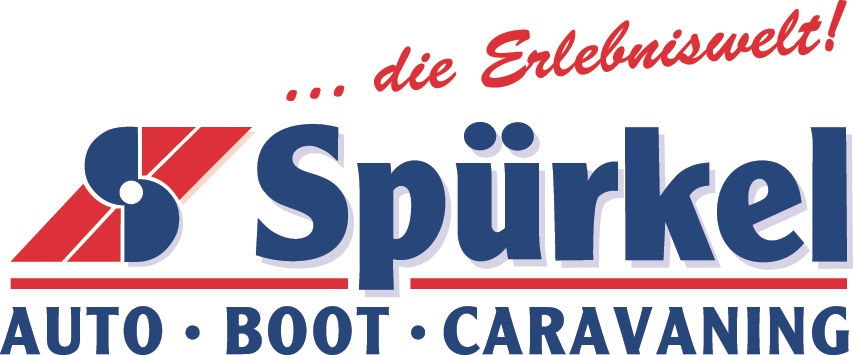 Logo von Spürkel mit rotem S-Icon, Slogan die Erlebniswelt! und Text Auto, Boot, Caravaning in blauer Schrift