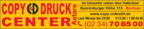 Werbung für Copy & Druck Center Astare in Bochum mit Adresse, Website und Kontaktdaten.