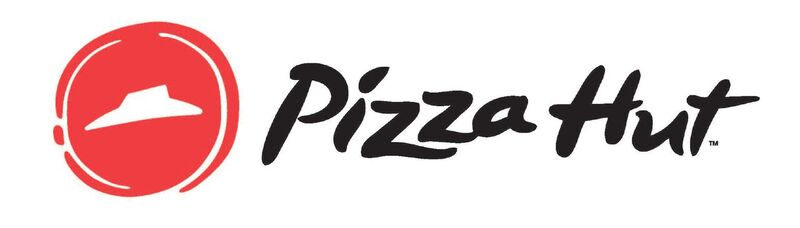 Logo von Pizza Hut mit rotem Kreis und stilisiertem Dachsymbol neben schwarzer Schrift.
