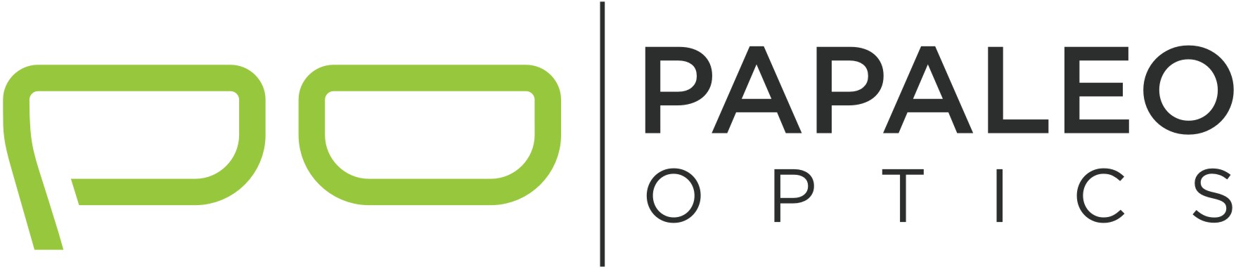 Logo von Papaleo Optics mit grünem stilisiertem "PO" und schwarzem Schriftzug.
