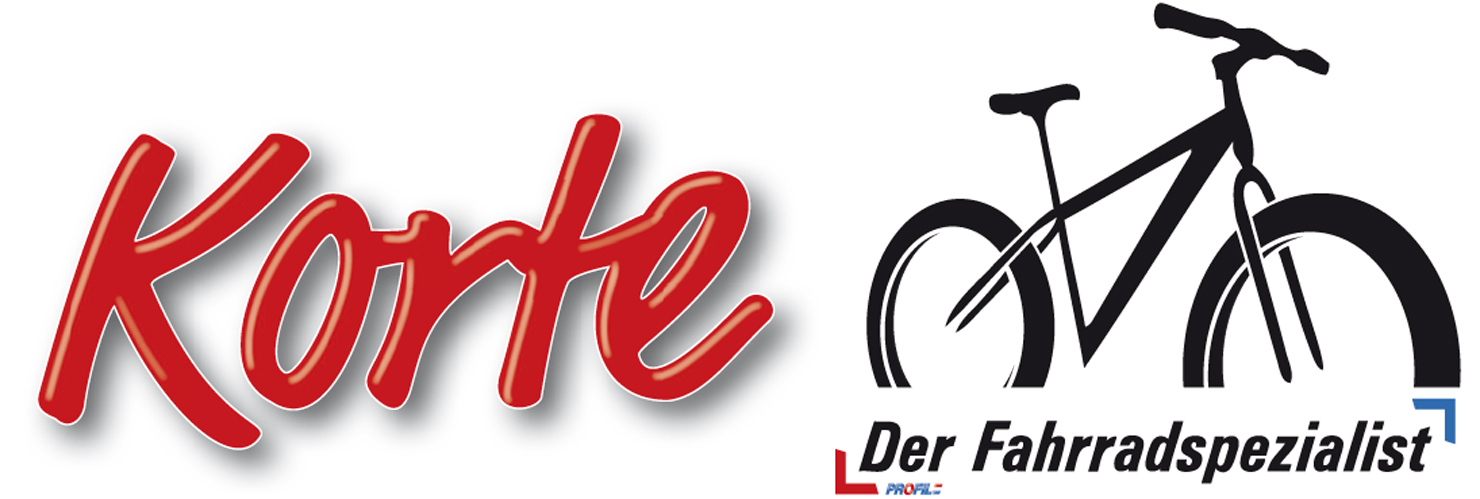 Logo von Korte, Der Fahrradspezialist, mit rotem Schriftzug und Fahrradgrafik