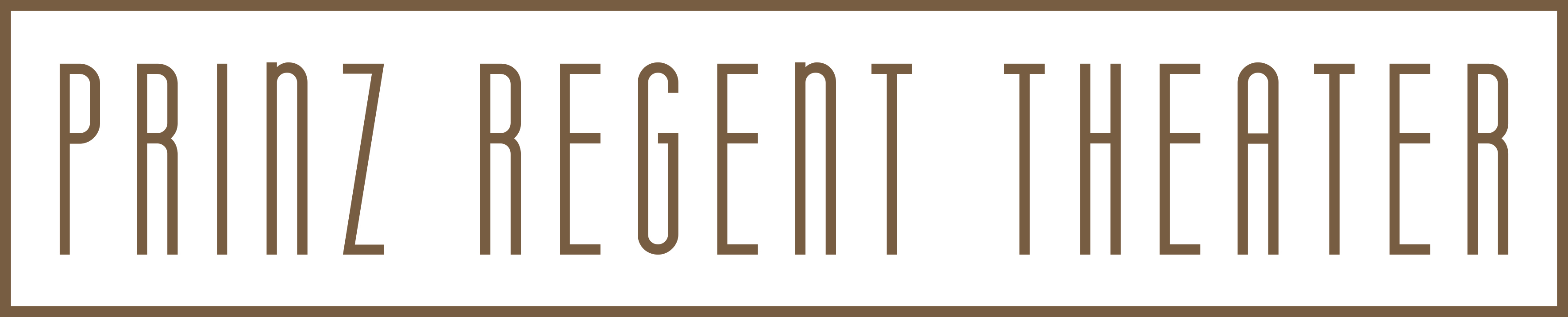 Logo des Prinz Regent Theaters mit braunem Schriftzug auf weißem Hintergrund.