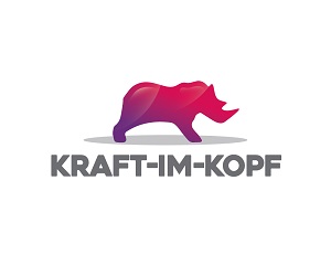 Logo "Kraft-im-Kopf" mit stilisiertem, pink-violettem Nashorn auf weißem Hintergrund.