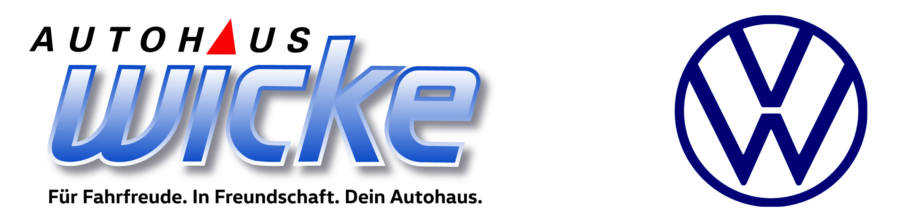 Logo von Autohaus Wicke mit VW-Logo und Slogan: "Für Fahrfreude. In Freundschaft."