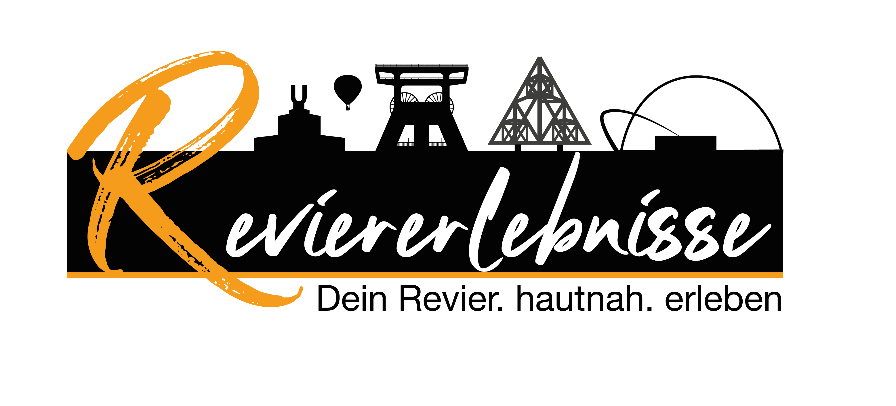Logo von Reviererlebnisse mit orange-schwarzem Schriftzug und Silhouetten im Hintergrund.