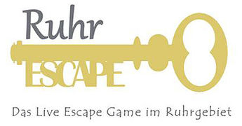 Logo von RuhrEscape mit goldenem Schlüssel und Slogan "Das Live Escape Game im Ruhrgebiet".