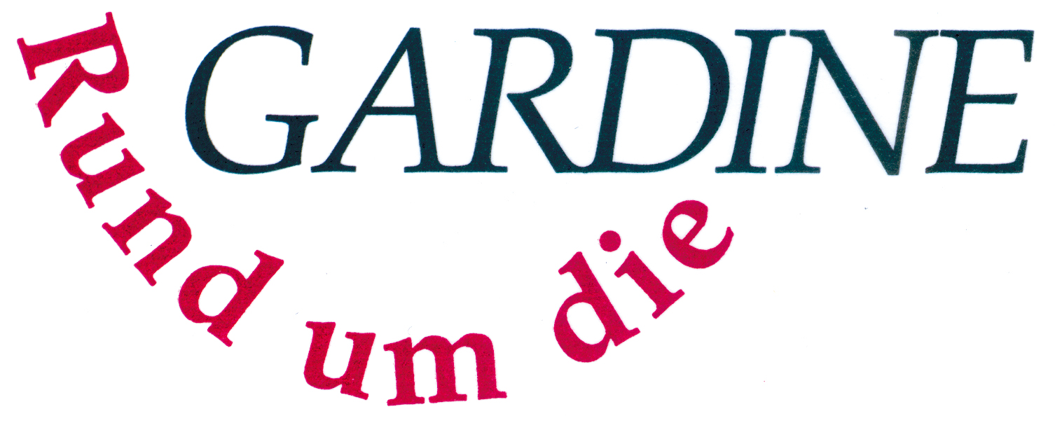 Logo mit Schriftzug "Rund um die GARDINE" in geschwungener roter und schwarzer Schrift.