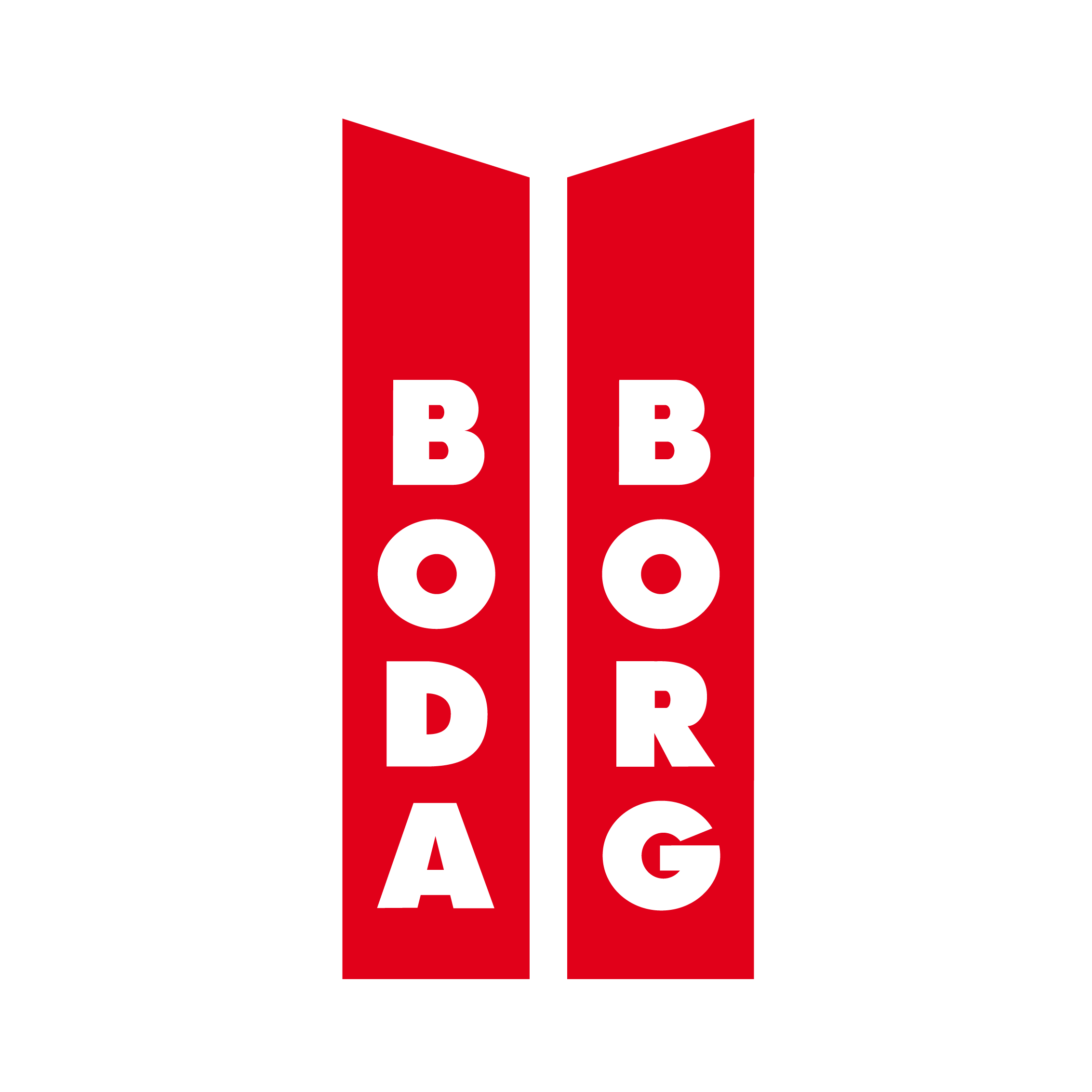 Rotes Boda Borg-Logo mit weißem Schriftzug auf zwei vertikalen Balken.