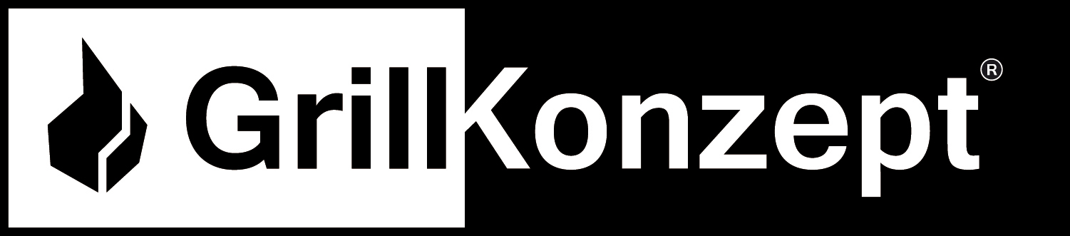 Logo von GrillKonzept mit stilisierter Flamme und Schriftzug in Schwarz-Weiß.