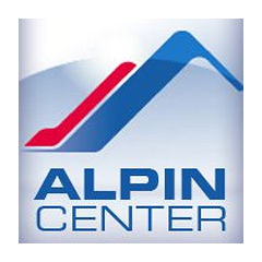 Logo des Alpin Centers mit stilisiertem Berg in Blau und Rot auf grauem Hintergrund.