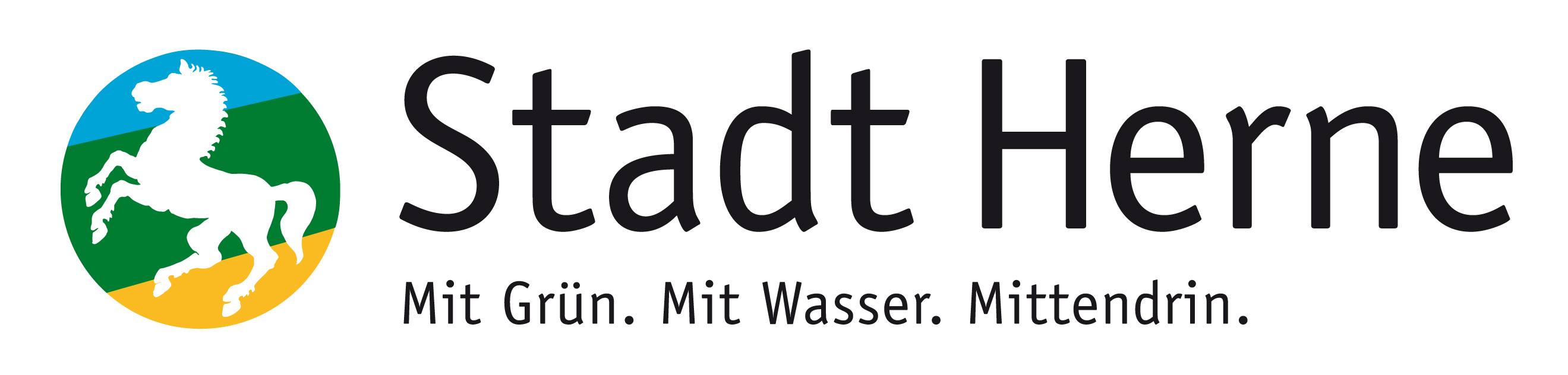 Logo der Stadt Herne mit weißem Pferd auf buntem Kreis und Slogan "Mit Grün. Mit Wasser. Mittendrin.".