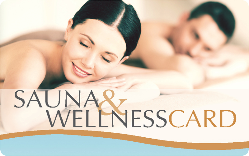 Design der "Sauna & Wellness Card" mit entspanntem Wellness-Motiv und geschwungenem Rand.