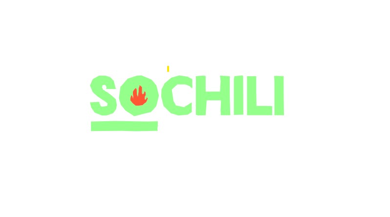 Logo mit grünem Text "SOCHILI", roter Flamme im "O" und weißem Hintergrund.