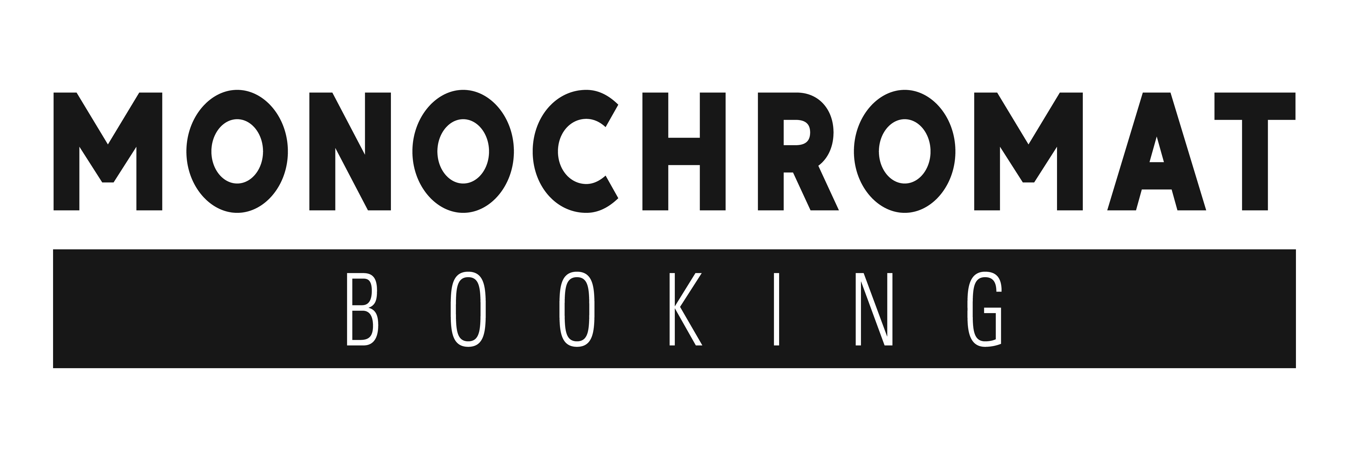 Firmenbezeichnung in Druckschrift, fettgedruckt, das Wort Booking in schwarzem Balken