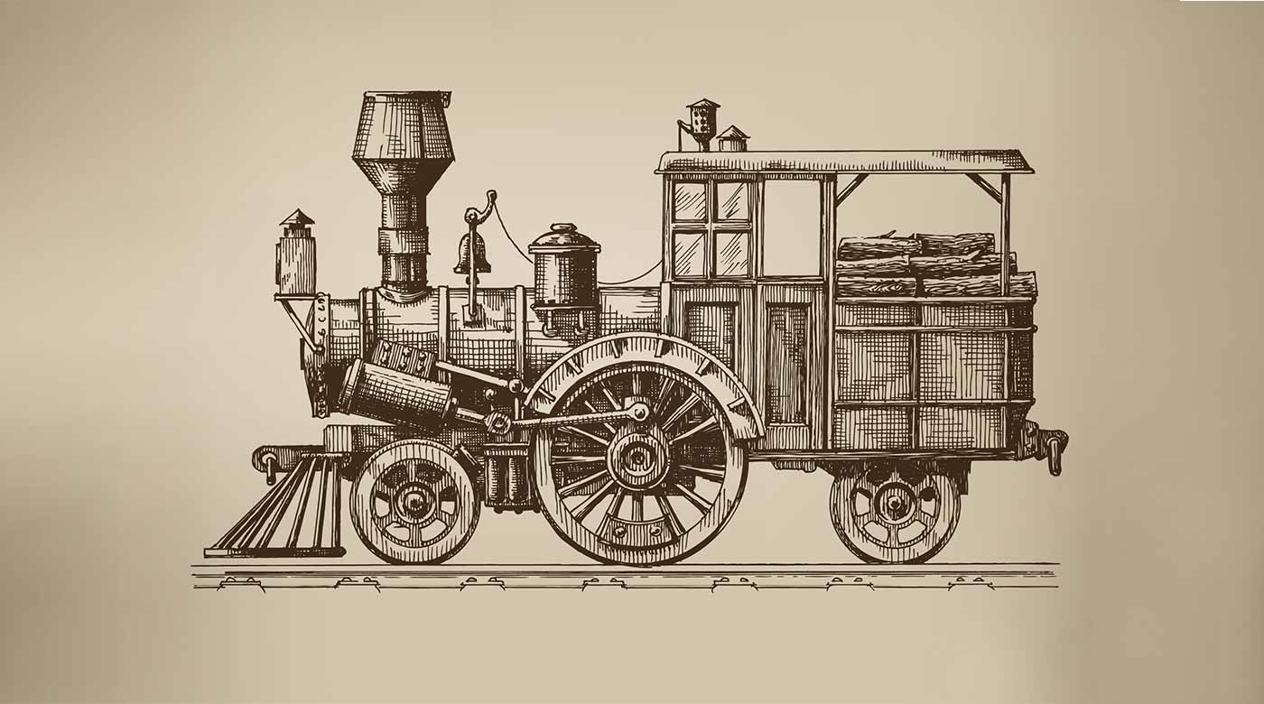 Detailreiche Zeichnung einer historischen Dampflok mit Holzladung auf beigem Hintergrund.