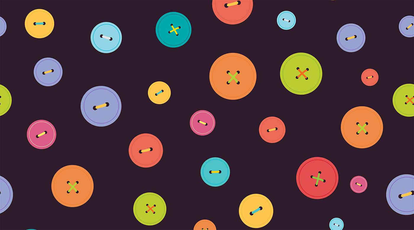 Bunte Knöpfe in verschiedenen Größen und Farben auf dunkelviolettem Hintergrund.