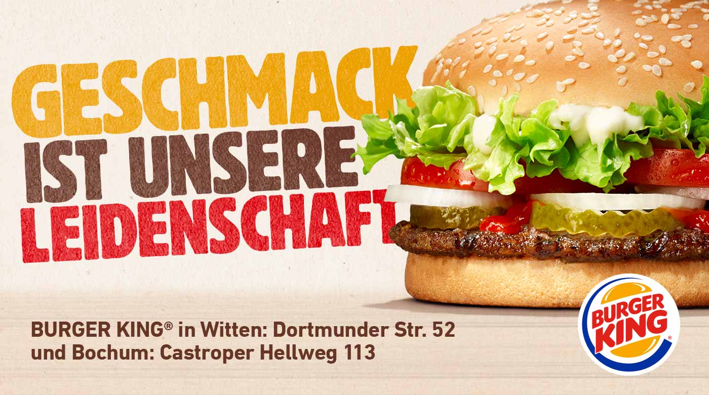 Werbung von Burger King: "Geschmack ist unsere Leidenschaft" mit Bild eines Burgers.