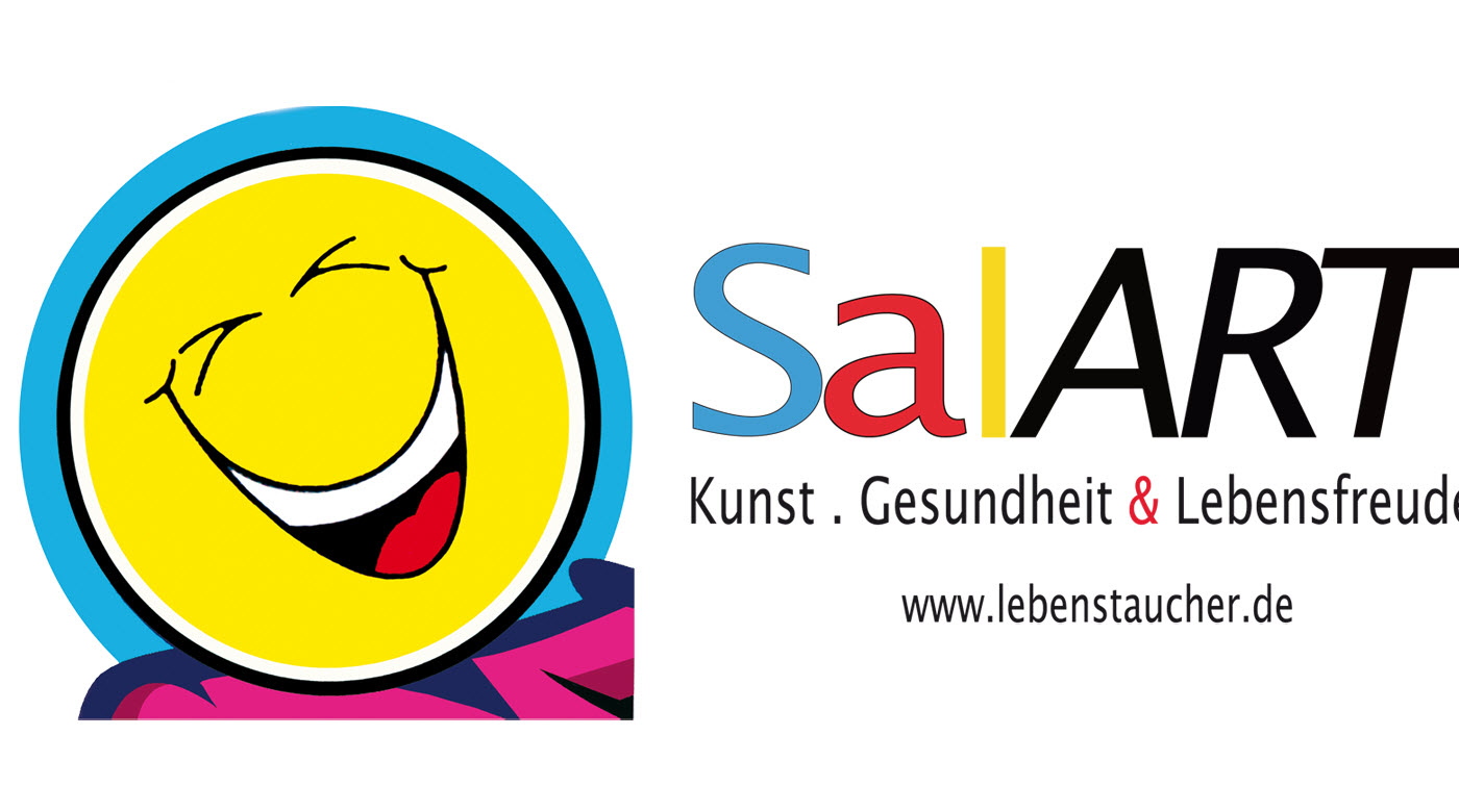 "SalART" mit lachendem gelbem Smiley, Slogan und Website www.lebenstaucher.de.