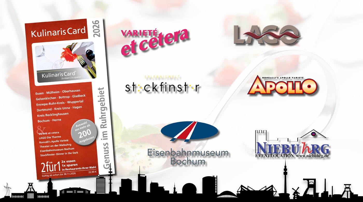 Werbung für die Kulinaris Card 2026 mit Partnerlogos und Infos zu Angeboten im Ruhrgebiet.