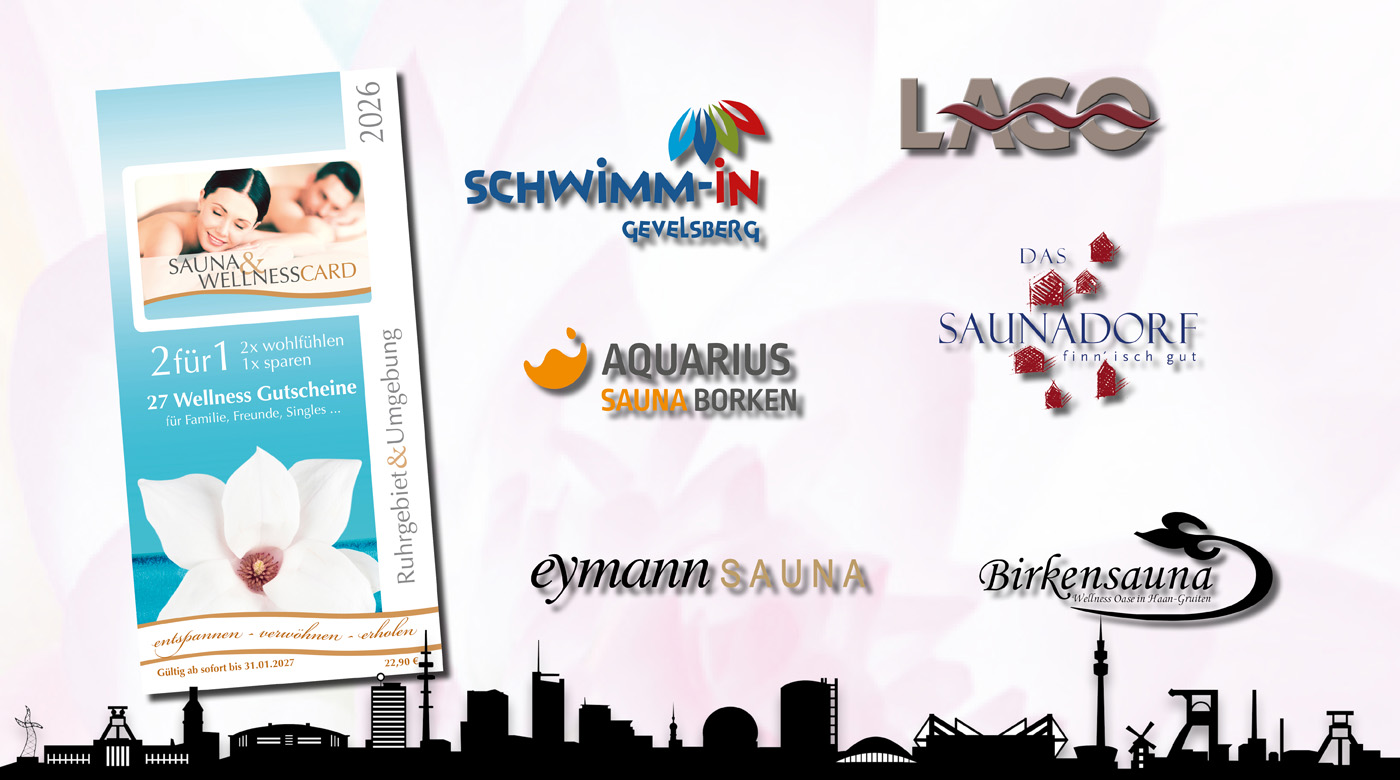 Werbung für die Sauna Card 2026 mit Partnerlogos und Wellness Angeboten im Ruhrgebiet.