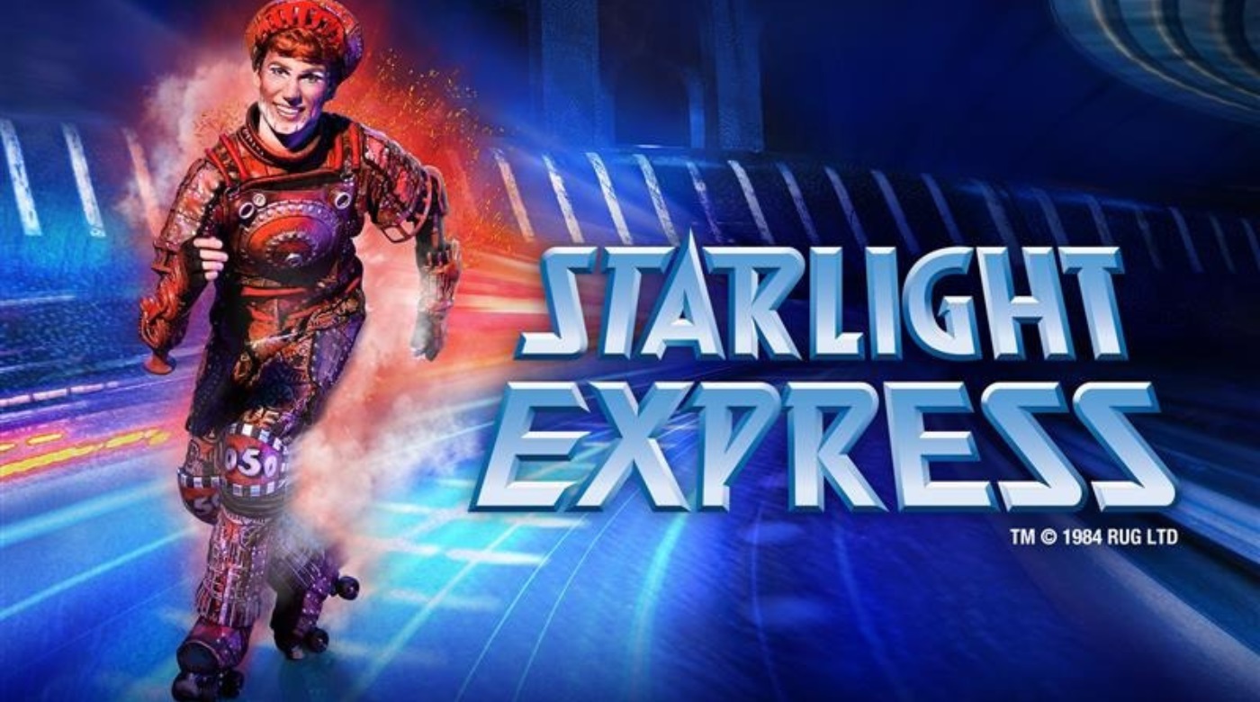 Darsteller in futuristischem Kostüm auf Rollschuhen, Schriftzug "Starlight Express".