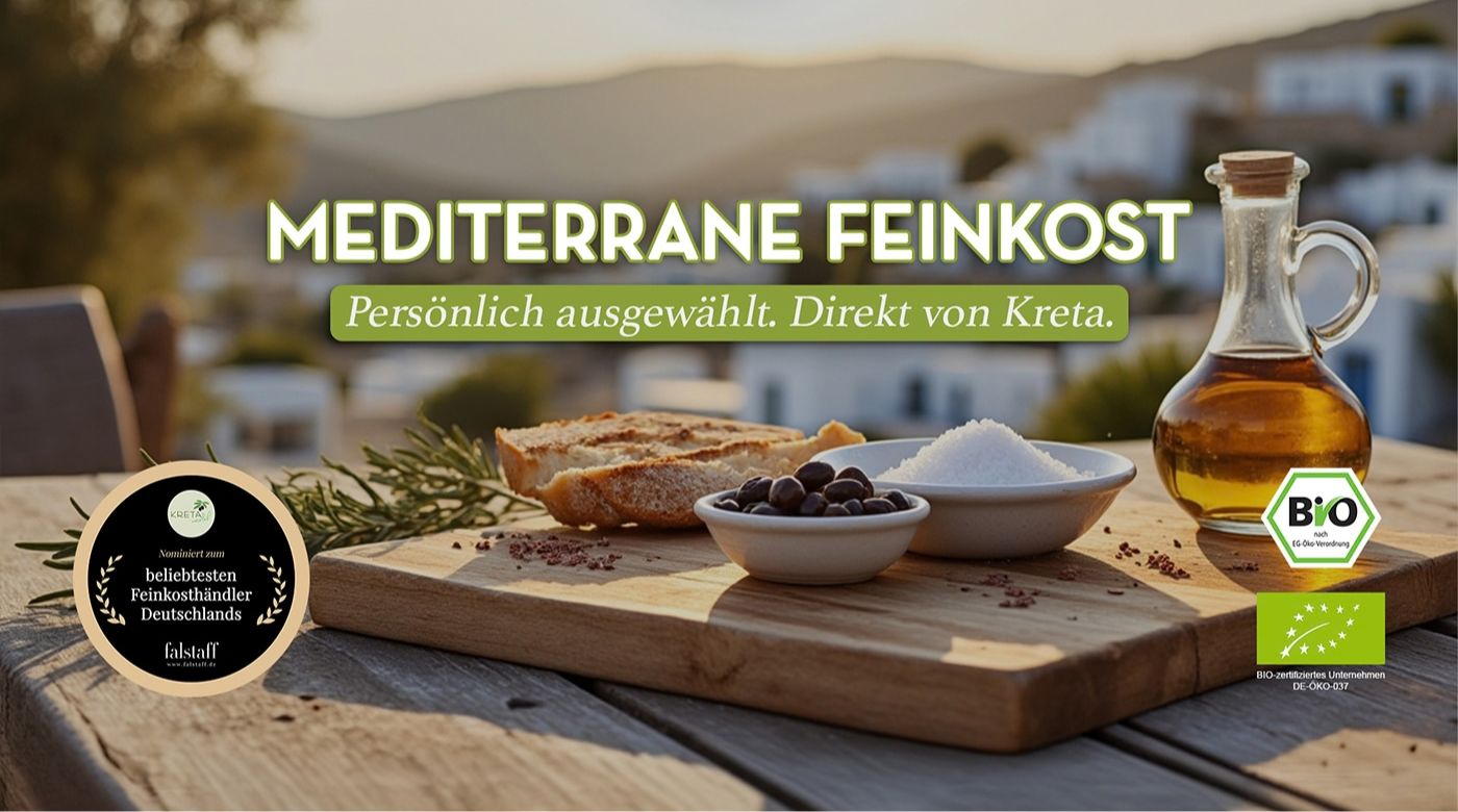 gedeckter Holztisch mit Brot, Oliven, Salz und Olivenöl vor mediterraner Landschaft, Text „Natürlich, nachhaltig & fair – Mediterrane Feinkost“ und Bio-Siegel u. Feinkost-Auszeichnung.