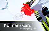 Karte mit Besteck, Glas, Rose und Text: "Kulinaris Card – 2x essen, 1x sparen".
