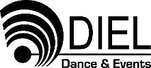Logo von DIEL Dance & Events mit stilisiertem schwarzen Kreismotiv und Schriftzug.