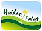 Logo "Haldensalat" mit grünem Hügelmotiv, gelber Blume und blauem Himmel.