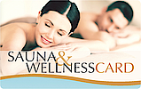 Design der "Sauna & Wellness Card" mit entspanntem Wellness-Motiv und geschwungenem Rand.