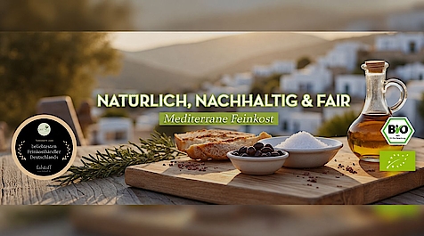 gedeckter Holztisch mit Brot, Oliven, Salz und Olivenöl vor mediterraner Landschaft, Text „Natürlich, nachhaltig & fair – Mediterrane Feinkost“ und Bio-Siegel u. Feinkost-Auszeichnung.