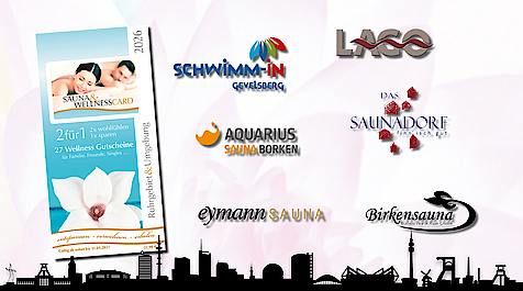 Werbung für die Sauna Card 2026 mit Partnerlogos und Wellness Angeboten im Ruhrgebiet.