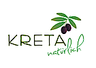 grüner Schriftzug „KRETA natürlich“ mit einem Olivenzweig und zwei dunkellila Oliven auf weißem Hintergrund.
