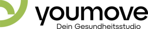 stilisiertes Zeichen in dynamischer geschwungener Form und Schriftzug youmove – Dein Gesundheitsstudio