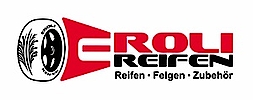 links ein schwarzer Autoreifen und rechts ein rot-schwarzer Schriftzug EROLI REIFEN